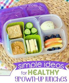 the lunch box is filled with different types of healthy food and has text overlay that reads simple ideas for healthy grown - up lunches