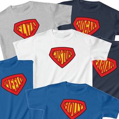 Customize this superhero shield with your childs name to let them know what a hero they are in your eyes. The kids heavy cotton tee is perfect for everyday use. The fabric is 100% cotton for solid colors. Polyester is included for heather-color variants. These fabrics are prime materials for printing. The shoulders have twill tape for improved durability. The collar is curl resistant due to ribbed knitting. There are no seams along the sides.  .: Material: 100% cotton (fiber content may vary for Superhero Shield, Super Hero Shirts, Superhero Kids, Aunt T Shirts, Personalized Birthday Shirts, Superhero Shirt, Boy Name, First Birthday Shirts, Aunt Shirts