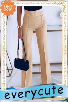 Khaki Solid Color High Waist Flared Leg Pants Trendy Beige Pants For Office, Trendy Beige Office Pants, Trendy Full-length Office Pants, Trendy Full Length Office Pants, Trendy Full Length Pants For Office, Casual Beige Office Pants, Summer Office Pants Solid Color, Summer Office Pants In Solid Color, Solid Color Summer Office Pants