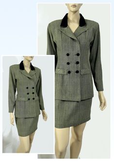 Vintage 70s 80s Retro Business Chic Glen Plaid Pencil Suit Skirt Double Jacket Vintage Corporate Outfits, 80s Power Suit For Women, Power Suits For Women, Suit Dress Women, Vintage Skirt Suit, Velvet Collar, Business Chic, Corporate Outfits, Glen Plaid