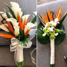 two different bouquets with orange and white flowers on the same side, one is tied to a gray couch