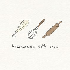 two kitchen utensils with the words homemade with love written below them on white paper