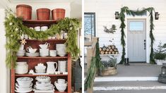 two pictures side by side, one with christmas wreaths and the other with white dishes