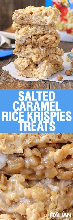 salted caramel rice krispies treats stacked on top of each other with text overlay