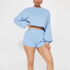 Fashion Nova Stay Home Shorts Set Blue Size Medium New With Tags Still In Packaging Super Cute But Runs Small Trendy Blue Loungewear Bottoms, Blue Trendy Loungewear Shorts, Trendy Light Blue Loungewear Bottoms, Blue Stretch Shorts For Loungewear, Blue Relaxed Fit Shorts For Loungewear, Blue Shorts For Loungewear, Blue Short Bottoms For Loungewear, Light Blue Shorts For Loungewear, Short Sets