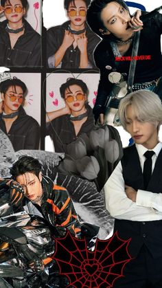 the collage shows two men in black and white outfits