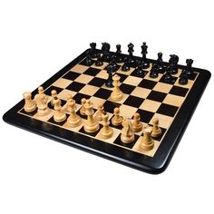 a black and white chess board with pieces on it