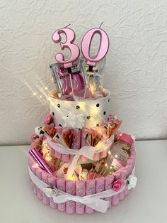 a birthday cake with pink decorations and lights