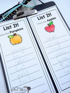 two list bookmarks with writing on them, one has an apple and the other has apples