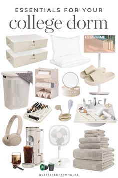 the essentials for your college dorm are shown in this book, including bedding and accessories