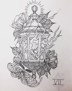 a black and white drawing of a bird cage with flowers on the bottom, surrounded by leaves