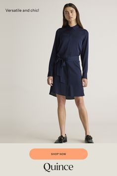 Our silk shirt dress is sleek, streamlined, and pulled together with an effortless tie at the waist. It has button cuffs and hidden button fron details. Versatile style for day to night, meetings to drinks—and washable to top it off. Plus, silk fiber contains 18 kinds of amino acids that make it amazing for skin nourishment, hypo-allergenic, and naturally thermoregulating to help maintain body temperature.  | Quince | Women's 100% Washable Silk Stretch Shirt Dress in Navy, Size Medium Silk Fiber, Silk Shirt Dress, Body Temperature, Silk Shirt, Versatile Style, Quince, Amino Acids, Shirt Dress, Sleek