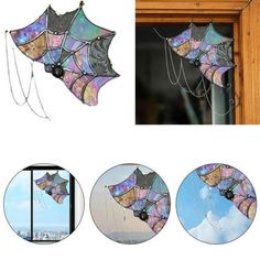 three different pictures of kites hanging from the side of a window and one with an image of a woman's face on it