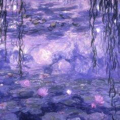 a painting of water lilies and lily pads in purple hues with green leaves