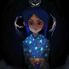 a drawing of a girl with blue hair and stars on her shirt, holding a teddy bear