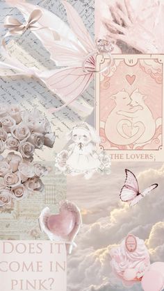 a collage with pink and white flowers, hearts, angel wings, and other items