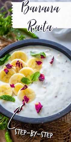 banana raita dip in a bowl with flowers on the side and text overlay