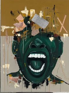 a painting with an open mouth and multiple pieces of paper on it's head