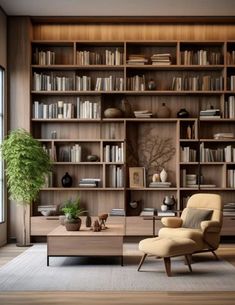 a living room filled with lots of bookshelves next to a couch and coffee table