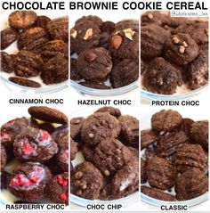 chocolate brownie cookie cereals are shown in four different pictures, including one with raspberry