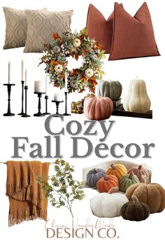 cozy fall decor with candles, pumpkins and other decorative items for the home or office