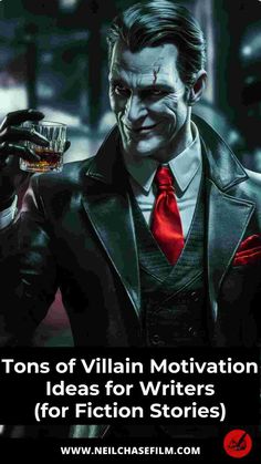 a man in a suit holding a glass with the words, tons of villain motivation ideas for