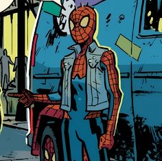 a drawing of a spider man standing next to a truck