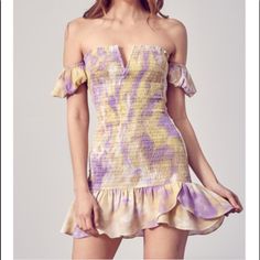 A Gorgeous Dress For Spring! Purple And Yellow Multicolor. Yellow Knee-length Mini Dress For Casual Wear, Yellow Mini Dress For Casual Wear, Yellow Lined Mini Dress, Lined Yellow Mini Dress, Flirty Yellow Dress With Ruffles, Flirty Yellow Dresses With Ruffles, Yellow Fitted Ruched Dresses, Fitted Yellow Ruched Dress, Fitted Yellow Dress For Casual Wear