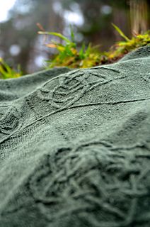 a close up of a blanket on the ground with trees in the backgroud