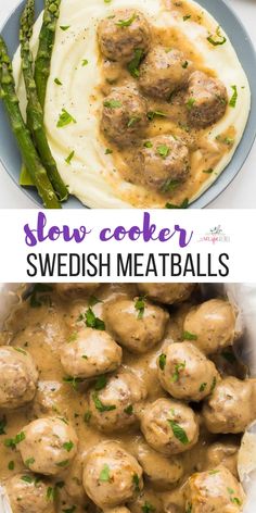 swedish meatballs with gravy and asparagus on the side