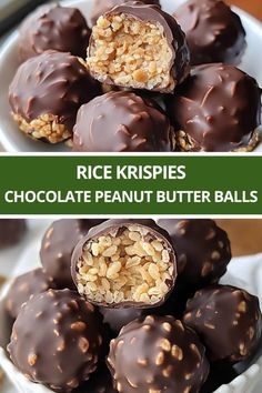 chocolate peanut butter balls stacked on top of each other in a white bowl with the words, rice krispies chocolate peanut butter balls