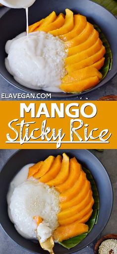 mango sticky rice in a bowl with milk being poured on top and sliced mangos