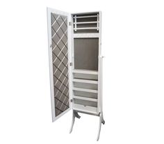 an open white cabinet with drawers and doors