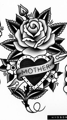 a black and white drawing of a rose with the word mother on it's side