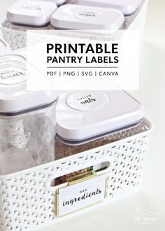 the printable pantry labels are organized in white baskets with clear lids and tags on them