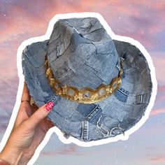 Shabby chic in this recycled denim cowboy hat with the boho mirrored head band It's giving us Britney and Justin 2001 American Music Awards... and we are here for it. Please remember each hat is made with recycled denim making every hat completely unique - may differ slightly from product image If you are looking for personalisation don't hesitate to send us a message. One size fits all - These hats have an approx circumference of 58cm Adjustable Distressed Hats For Country Events, Distressed Adjustable Hats For Country Events, Distressed Brimmed Hat For Festival, Bohemian Distressed Summer Hats, Distressed Bohemian Hat For Festivals, Distressed Adjustable Country Hat Band, Bohemian Distressed Adjustable Hat Bands, Distressed Medium Wash Adjustable Hat, Bohemian Distressed Hat For Rodeo