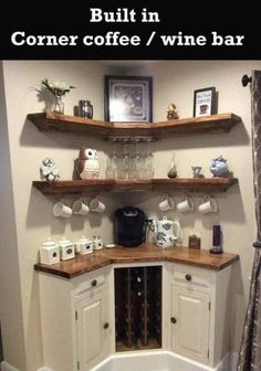 a corner coffee / wine bar with built in shelves