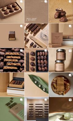 many different pictures with chocolates and nuts on them, including an open box filled with cookies