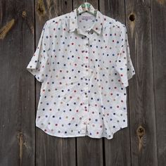 80s-90s Vintage blouses womens  Top Retro Clothing Oversized  White shirt Colorful Polka dots Retro Clothing Oversized  Office Classic Cotton    Clothes for women  White shirt Party  Size XL Plus Size  Short Sleeve Measurement: Shoulders 17 inches/ 43cm Pit to pit 24 inches / 61cm Waist 45inches / 114cm Length 28 inches / 71cm  sleeve 11.5inches/ 29cm Summer Polka Dot Collared Blouse, Spring Short Sleeve Polka Dot Shirt, Retro Polka Dot Short Sleeve Blouse, Retro Polka Dot Summer Blouse, Retro Summer Blouse In Polka Dot, Retro Summer Polka Dot Blouse, Casual Polka Dot Collared Blouse, Summer Collared Polka Dot Shirt, Polka Dot Button-up Summer Shirt