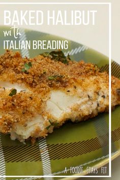 baked halibut with italian breading on a green and white checkered plate