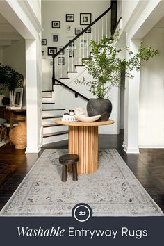 an entryway rug with a vase and plant on it in front of a staircase