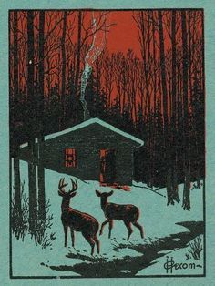 an image of two deer in front of a cabin