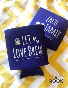 two personalized can coolers on a yellow and white checkered tablecloth with the words, let love brew