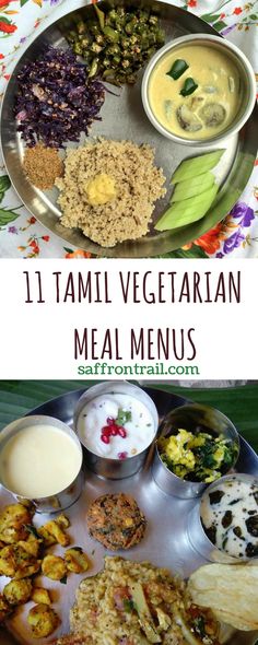 an assortment of food on a metal tray with the words 11 tasty vegetarian meal menus