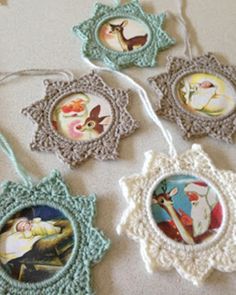 crocheted ornaments with pictures of animals on them