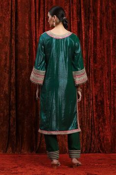 Dark green kurta with gota, dori and badla embroidered bodice and cuffs. Paired with a pant with gota embroidered panels and chequered pattern dupatta. - Aza Fashions Kurta Cotton, Gota Work, Embroidered Bodice, Kurta With Pants, Pants Pattern, Checkered Pattern, Pant Set, Work Pants, Set For Women