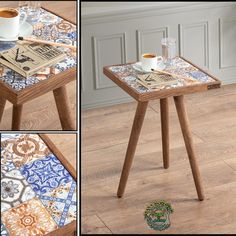 a small wooden table with a newspaper and cup of coffee sitting on top of it