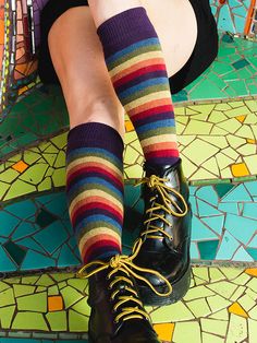 Iris Rainbow Over the Knee Sock – RocknSocks Playful Multicolor Knee-high Socks, Fitted Multicolor Socks For Fall, Knee High Socks Outfit, High Socks Outfits, Striped Knee High Socks, Socks Aesthetic, Brown Cargo Pants, Rainbow Socks, Striped Flats