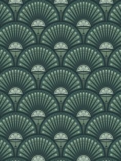 an art deco style wallpaper with fan design in green and white colors, on a dark