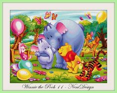 winnie the pooh and her friends cross stitch pattern with balloons, butterflies, and flowers